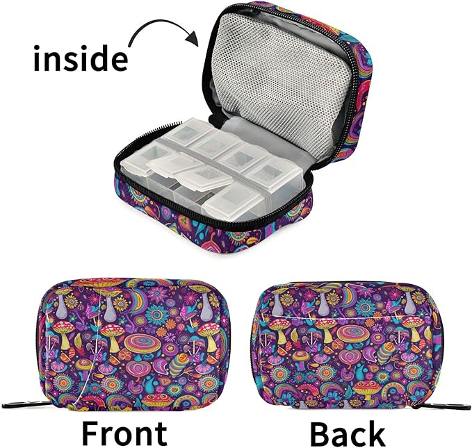 Travel Pill Organizer Bag Colorful Paisley Flowers 7 Day Pill Case Small Weekly Compact Pill Organizer with Zipper