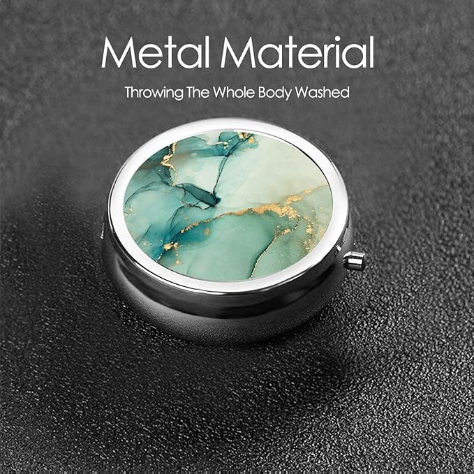 Blue Green Jade Texture Marble with Golden Veins Gold Metallic Swirls and Foamy Print Round Metal Pill Box with 3 Compartment for Pocket or Purse Travel Bag Mini Small Size 2 inche