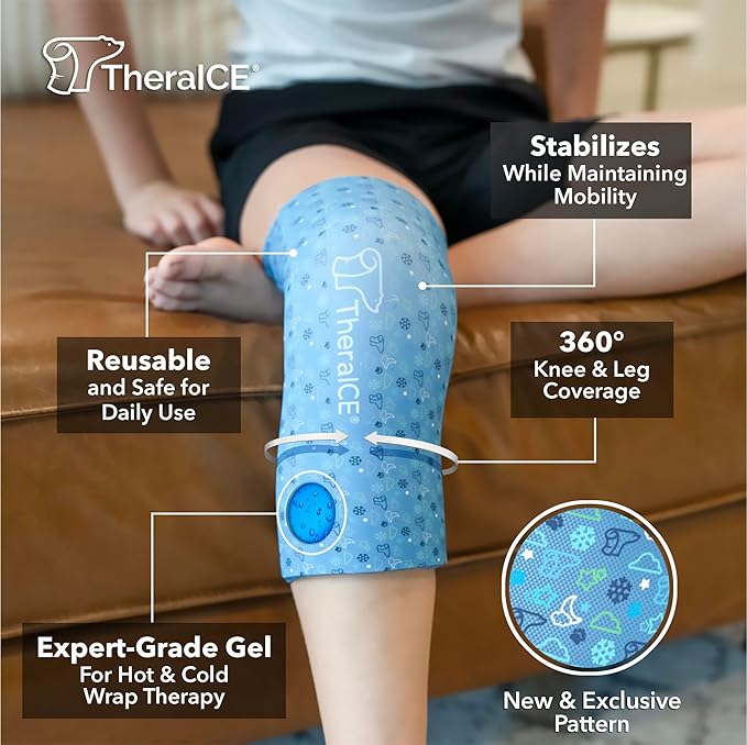 TheraICE Junior Knee Ice Pack Wrap Compression Sleeve for Injuries, Reusable Gel Cold Packs Brace Also for Ankle & Calf - Flexible Cold Wrap Recovery for Meniscus, ACL, MCL Pain Relief