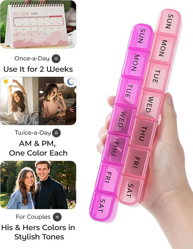 2-Pack Weekly Pill Organizer, 7 Day Large Pill Box with Clear Compartments, BPA-Free Medicine Case, Easy Open & Secure Close, Travel Pill Holder for Vitamins & Supplements - Pink&Purple