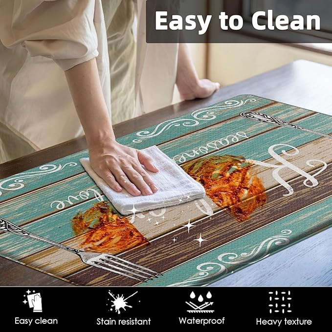 Arttown Teal Farmhouse Anti-Fatigue Kitchen Rug Set of 2 Brown Knife Fork Rustic Vintage Cushioned Floor Standing Mat Waterproof Non-Slip Kitchen Mat and PVC Ergonomic Comfort Foam Rug