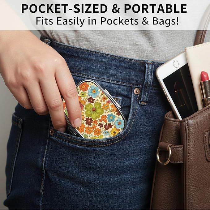 Square Pill Case Small Pill Box with Mirror Pocket 2 Compartment Vitamin Pill Medicine Case Organizer Pill Containers for Traveling Vintage Flower Petals One