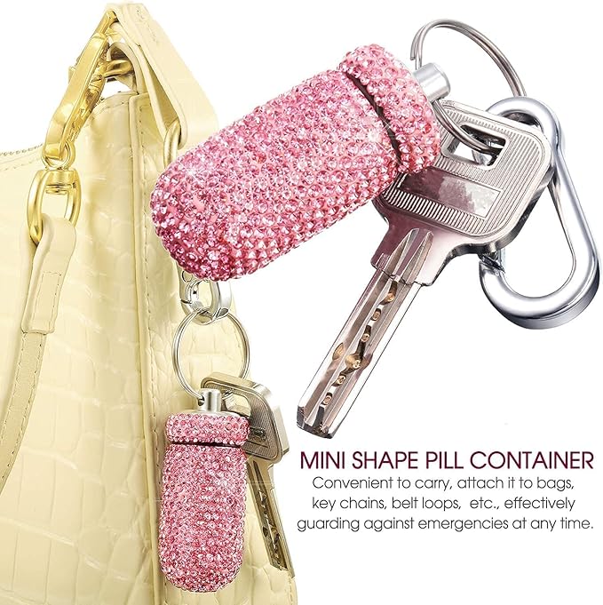 3 Count Multi-colored Aluminum Blingbling Crystals Waterproof Portable Pill Organizer Case Container Storage Box Pocket Keychain Holder for Medicine Vitamins Outdoor Camping Travel Dispenser