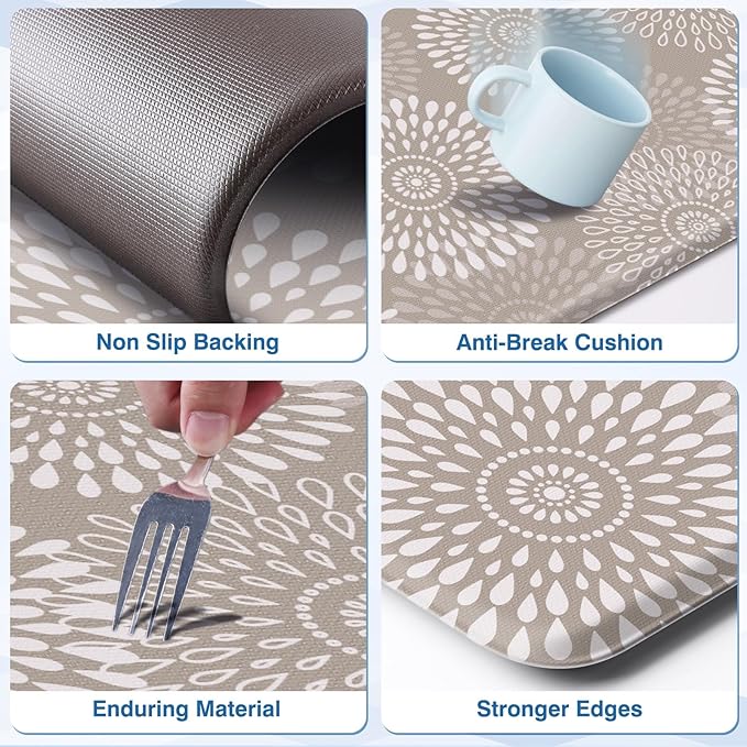 LuxStep Kitchen Mat Cushioned Rugs Anti-Fatigue Mats for Kitchen Floor,Waterproof Non-Slip Mats and Rugs Set for Office,Floor,Laundry 17.3"×30"+17.3"×70",Khaki
