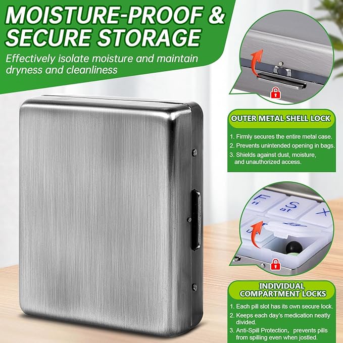 Portable Metal Travel Pill Organizer (7 Days a Week), Large Capacity 8 Compartments, BPA-Free (M-Antique Silver, Medium)