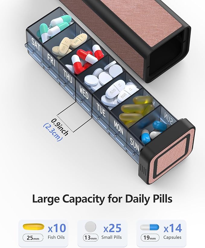 Weekly Pill Organizer 7 Day, Discreet Leather Pill Case for Purse or Pocket, Easy Slide-Out Daily Medication Planner, 1 Time a Day Travel Vitamin and Supplement Holder (Pink)