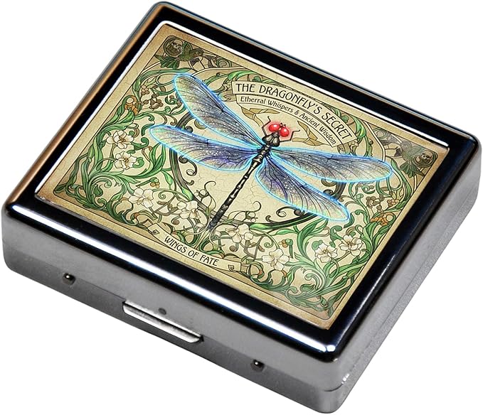 Silver Vintage Pill Box 7 Day Metal Pill Box with Mirror and 8 Compartments Cute Travel Pill Organizer for Purse (Dragonfly)
