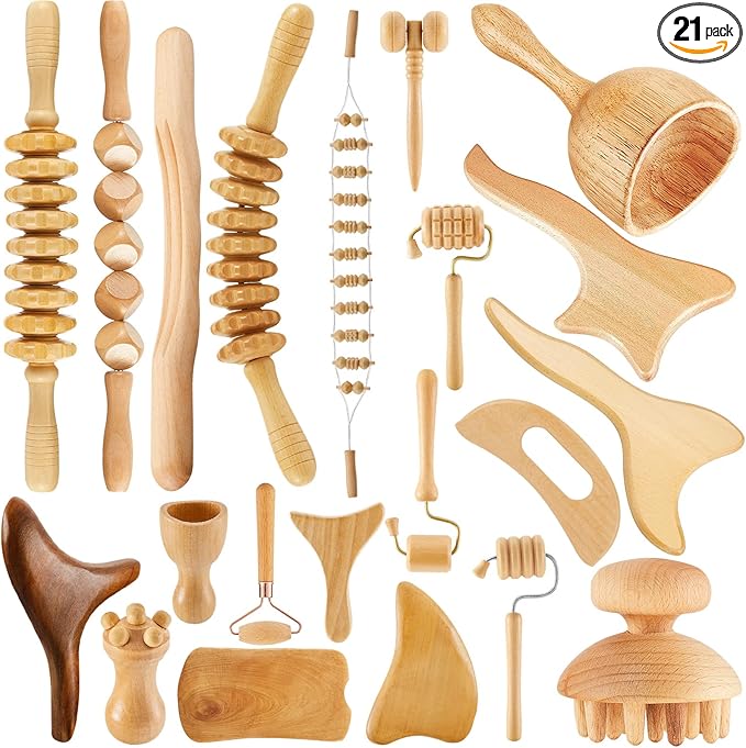 Amylove 21-in-1 Maderoterapia Kit Wood Therapy Massage Tools Set Therapy Tools for Body Sculpting Muscle Pain Relief Lymphatic Drainage Women Face Roller Fascia Massage Anti Body Contouring