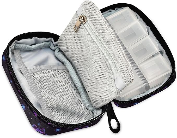 Travel Pill Organizer Bag Weekly Pill Organizer Case Glittering Magic Butterfly Portable Small Daily Pill Boxes for Vitamin Fish Oils Supplement Holder with Zipper Compact Size