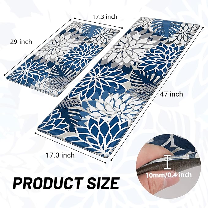 Kitchen Mats for Floor 2PCS Cushioned Anti Fatigue Kitchen Mats Waterproof Non Slip Kitchen Mat Rug Set Comfort Foam Standing Mat for Sink, Laundry, Office, Blue Gray