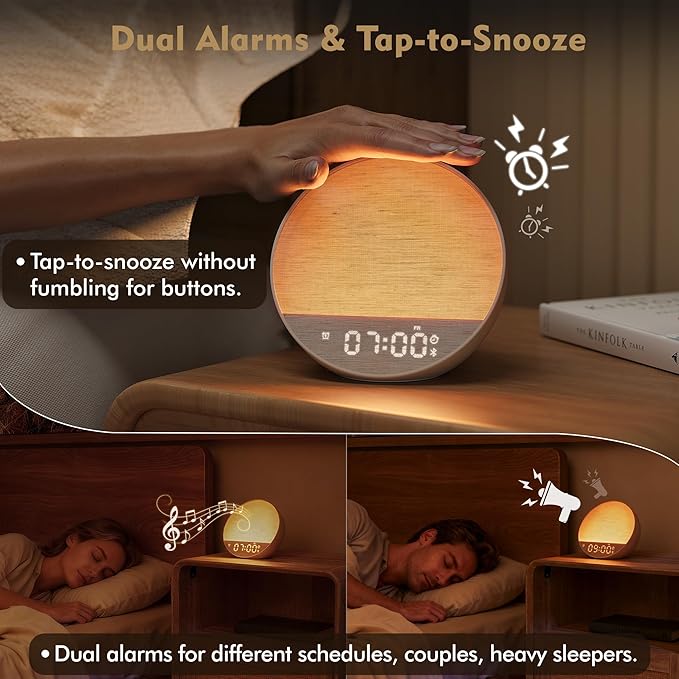 Tap-to-Snooze Sunrise Alarm Clock with Sound Machine, 36 Sounds White Noise Machine for Sleeping Adults, Gradual Sunrise Clock with Bluetooth Speaker & Remote Control, 15-Color Night Light丨Putty