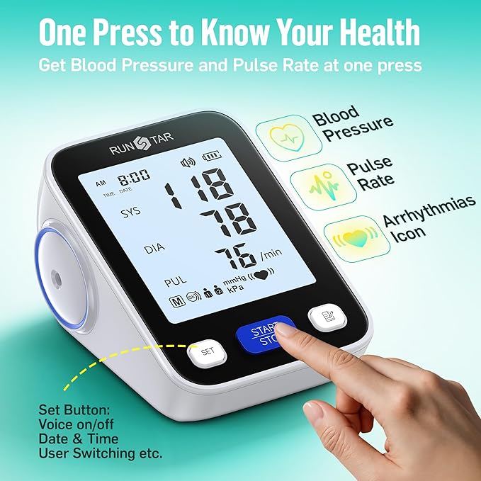 Runstar Upper Arm Blood Pressure Monitor with Wide Range Cuff (8.6'' -16.5'') for Home Use FSA&HSA Eligible, Automatic Digital BP Machine with Storage Bag, 2x99 Reading Memory