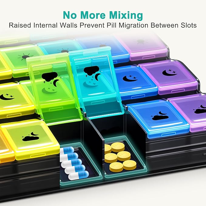 Fullicon Weekly Pill Organizer 4 Times a Day, Large Capacity Pill Case with Easy Fill, Medicine Organizer for Vitamin, Supplement & Pill, Great Gifts for Seniors (Black Rainbow) - Patent Pending