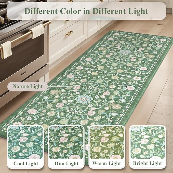 KIMODE Comfort Kitchen Mats for Floor Cushioned Anti Fatigue,Farmhouse Floral Spring Kitchen Rugs Sets of 2 Non Slip,Memory Foam Standing Carpet for Laundry Sink Office,Green