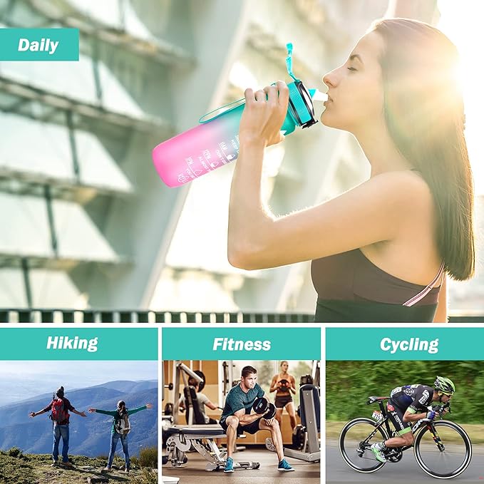 Motivational Water Bottle with Time Marker - 32oz, Leak-proof BPA Free Sports Water Bottles with Straw & Carrying Strap
