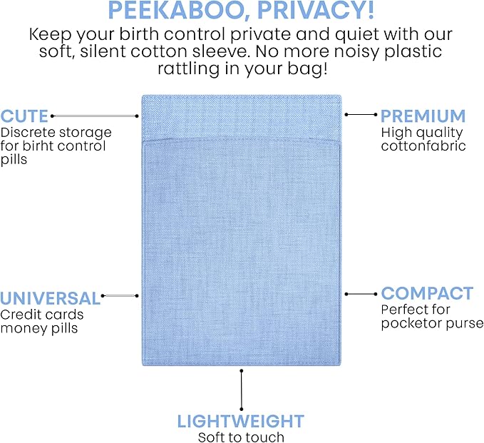 Peekaboo Pill Sleeve – Cute Birth Control Case – Soft Cotton Fabric Privacy Cover for Your Birth Control Pill Case – Pouch for 4” x 3” Packets (Sky Blue)