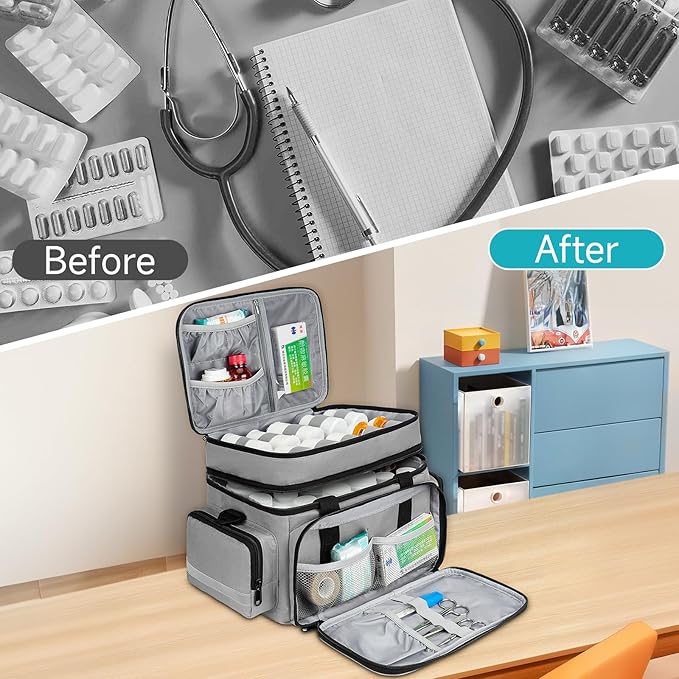 Large Pill Bottle Organizer, Double Layers Medicine Storage Bag with Lockable Zippers and Shoulder Strap,Medication Travel Bag for Prescription Bottles, Vitamins & Medical Supplies, Gray (Bag Only)