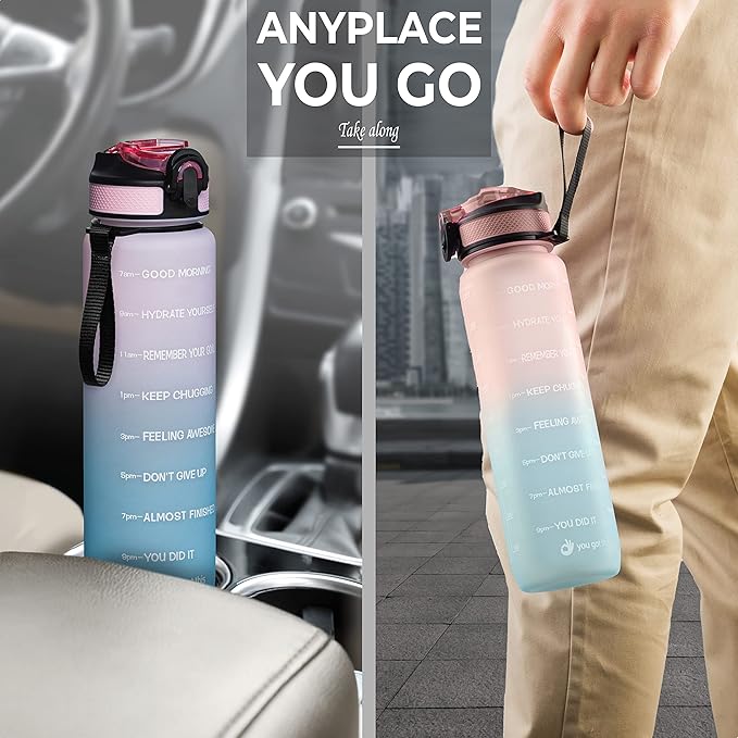 Motivational Water Bottle with Time Marker, 32 oz Water Bottle, Sports Water Bottle with Spout, Achieve All-Day Hydration SpillProof, BPA FREE