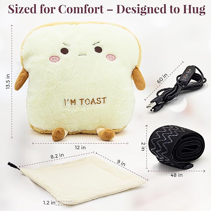 Cute Heating Pad for Period Cramps Menstrual Pain Relief, Soft Cuddly Large 14" Hot Plush Bread USB Electric Heat Pads, Back & Lumbar Pain Relief Stuffed Animals Funny Gifts for Women Teen Girls