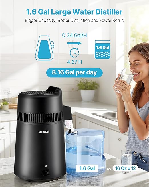 VEVOR Water Distiller, 6L / 1.6 Gallon Countertop Water Distiller for Home, 900W Distilled Water Maker with BPA-Free Plastic Container, 304 Stainless Steel Interior, Distilling for Drinking Water