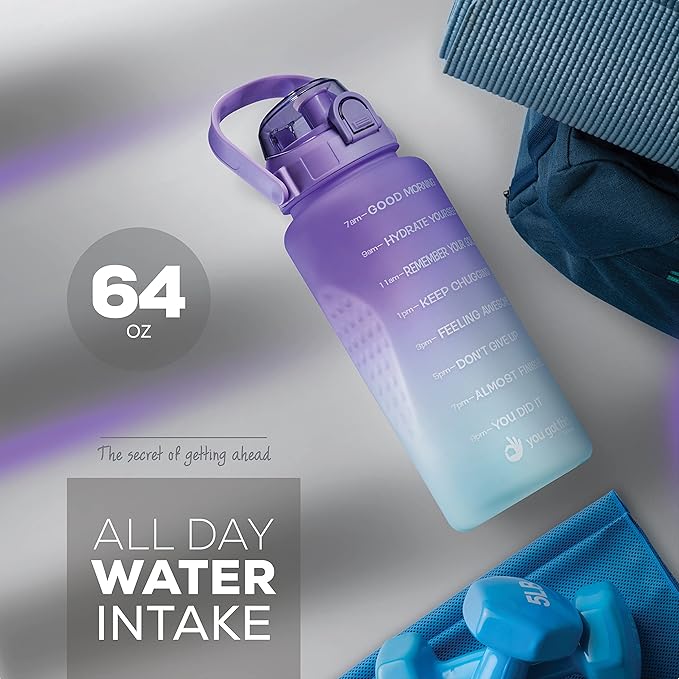 Motivational Water Bottle with Time Marker,Half Gallon Water bottle with Straw 64 oz/2.2L Gym Water Bottle, Achieve All-Day Hydration SpillProof, BPA FREE