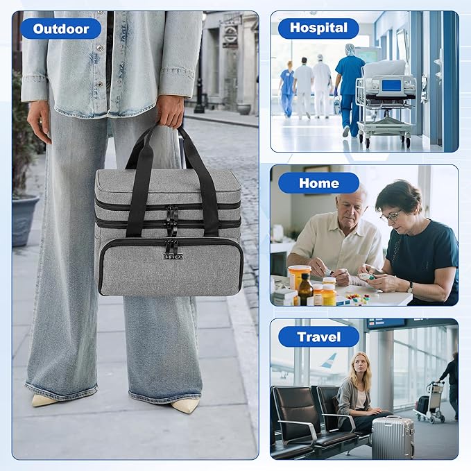 BAFASO Double Layer Medicine Bag with 2 Detachable Pouches, Pill Bottle Organizer for Travel and Daily Use (Bag ONLY), Gray