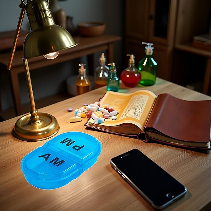Blue Daily Pill Box AM/PM Pill Organizer,Portable Travel Pill Case,Vitamin Case, Medicine Container,Pocket Size Small Case Holder for Vitamin Supplement,Jewelry Storage Medication Aids