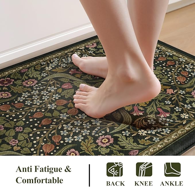 Collive Anti Fatigue Kitchen Mats, Spring Green Floral Kitchen Rugs Sets of 2 Non Slip Waterproof Standing Mat, Vintage Comfort Desk Rug for Office, Sink, Laundry, 17.3"x29"+17.3"x47"