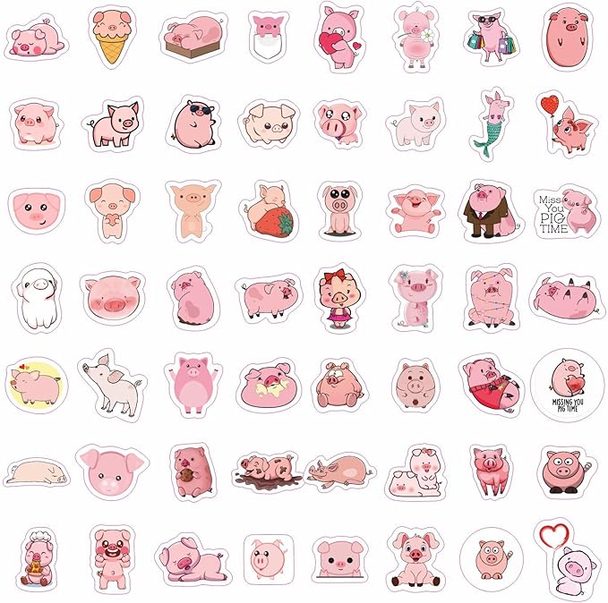 BulbaCraft 100Pcs Pig Stickers and Decals, Piggy Stickers for Water Bottle and Laptop, Gifts for Women & Men