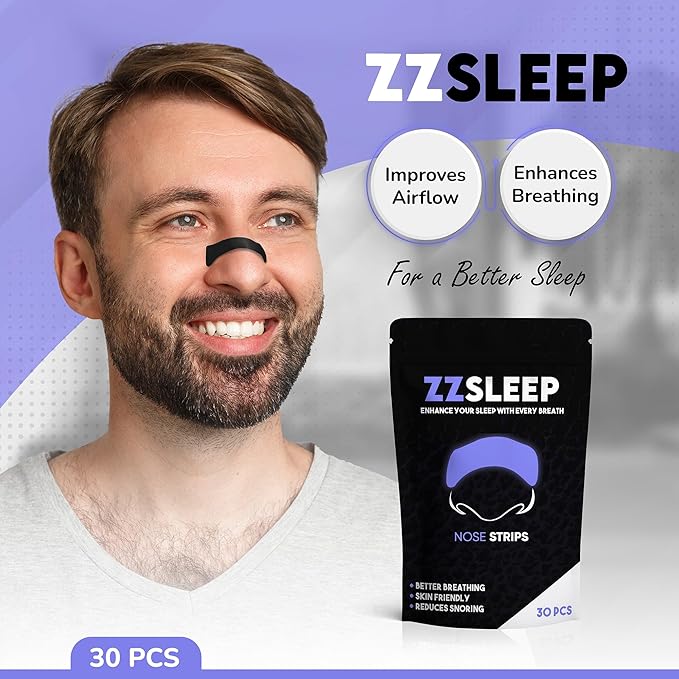 ZZSLEEP Nasal Strips (30 Strips) – Extra-Strength Strips for Better Sleep, Snoring Relief & Enhanced Breathing – Ideal for Sports, Exercise & Nighttime Use – Skin-Friendly, Sweat-Resistant Nose Tape