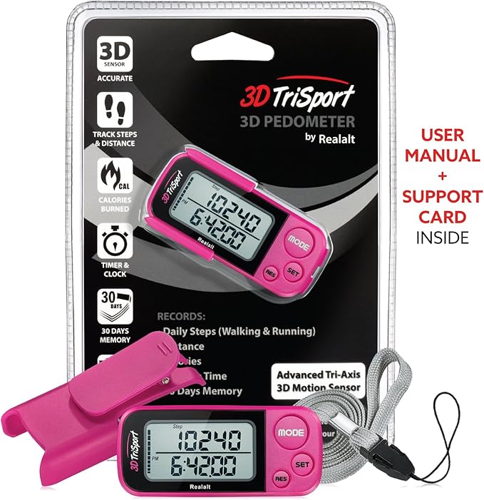 Realalt 3DTriSport 3D Walking Pedometer with Clip & Strap, Accurate Step Counter with 30-Day Memory, Distance in Miles/KM with Large Display Perfect for Seniors & Beginners, eBook Included