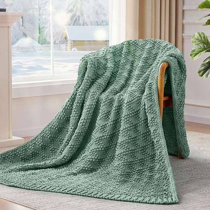 Knitted Weighted Blanket for Adult, Chunky Knit Weighted Throw for Sleep 60"*80" 20lbs, Cooling Breathable Machine Washable Heavy Blanket for Room Decor (HazeGreen, Queen)