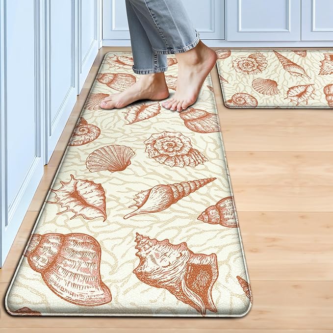 Kitchen Mats for Floor Cushioned Anti Fatigue Sets of 2 Beach Theme Kitchen Rugs Non Slip Waterproof Coastal Foam Kitchen Floor Rug Nautical Coral Seashell Comfort Standing Mat For Sink Laundry, Coral