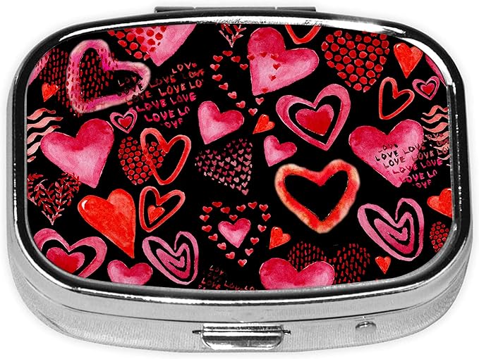 Pill Box-2 Compartment Small Pill Case Square Organizer Case with Mirror Portable Metal Medicine Box Travel Container for Pocket & Purse Women Men（Red Heart）