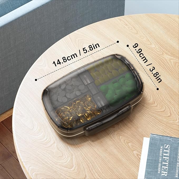 Travel Pill Organizer airtight Medicine Storage Container Pill Box for Purse Vitamin Large Compartments Portable Medication Pocket Pharmacy with Labels Supplement Holder Pill Case