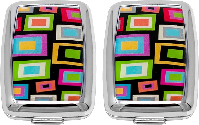Set of 2 Dual-Compartment Rectangular Pocket Purse Pill Box & Organizer with Insert (Retro Squares)