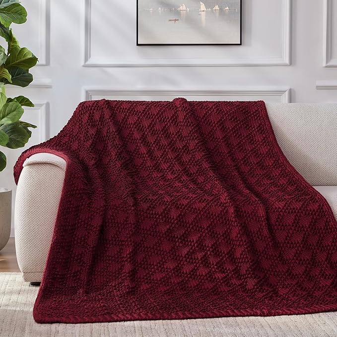 Knitted Weighted Blanket for Adult, Chunky Knit Weighted Throw for Sleep 48"*72" 15lbs, Cooling Breathable Heavy Blanket for Hot Sleepers, Machine Washable Blanket for Room Decor(Red)