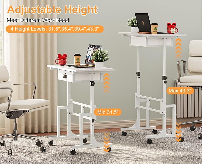 Small Adjustable Height Standing Desk with Storage Drawers, Rolling Sit Stand Up Desk with Wheels Charging Station, Adjustable Mobile Portable Table for Walking Pad Laptop Treadmill Computer
