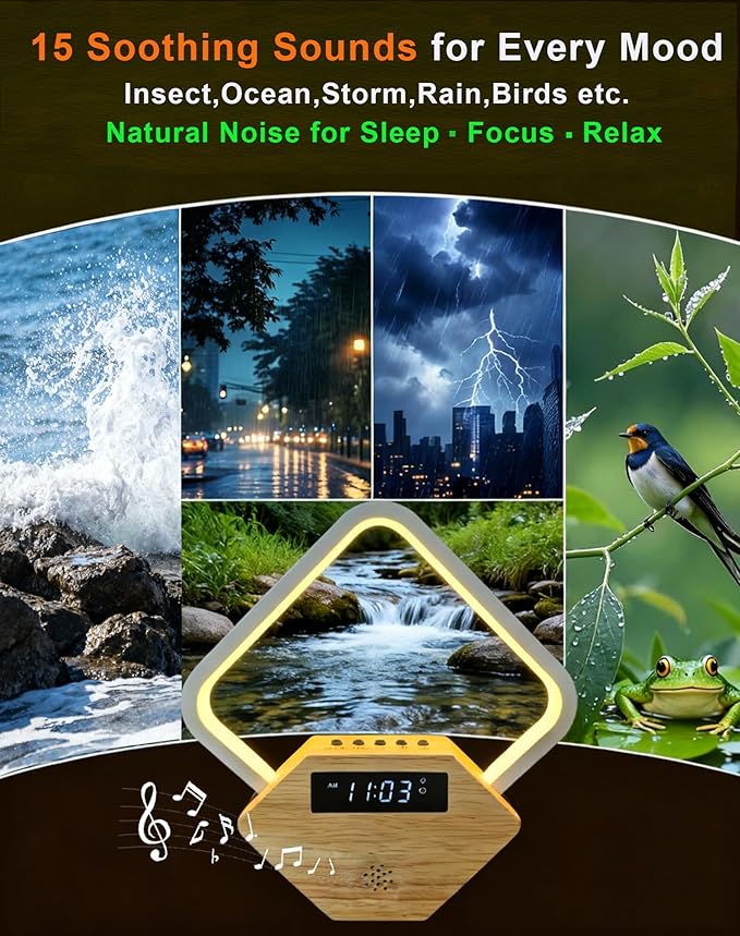 Light Therapy Lamp with Sunrise Alarm Clock,White Noise Machine & Dual USB Fast Charger (PD22.5W/QC3.0),Touch Night Light for Home Office, Gift for Men Women