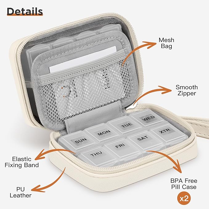 Zannaki Cute Pill Organizer for Purse with Two Removable 7-Day Pill Box, Travel PU Leather Pill Case, Portable Weekly Pill Container with Storage Bag to Hold Vitamins, Fish Oils, Supplements (Beige)