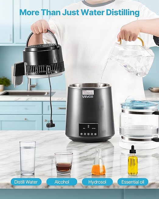 VEVOR 1750W Water Distiller, 0.4Gal/H Distilled Water Maker with Glass Carafe, 4L/1.1Gal Countertop Distiller Machine, 0-99H Time Temp Dual Display, Anti-Dry Design 304 Stainless Steel Still, Grey