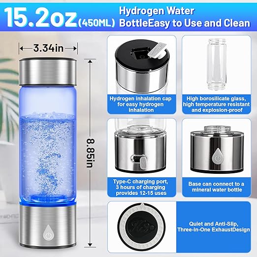Hydrogen Water Bottle Generator, Portable Rechargeable Hydrogen Water, Hydrogen Water Ionizer Machine, with SPE/PEM Technology, for Home Office Travel Fitness Drinking