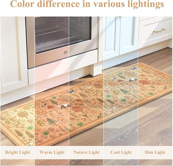 KIMODE Kitchen Floor Mats for Floor Cushioned Anti Fatigue Animal Forest Kitchen Rugs Sets of 2,Padded Memory Foam Under Kitchen Sink Mat for Laundry Decor,Orange Light Brown
