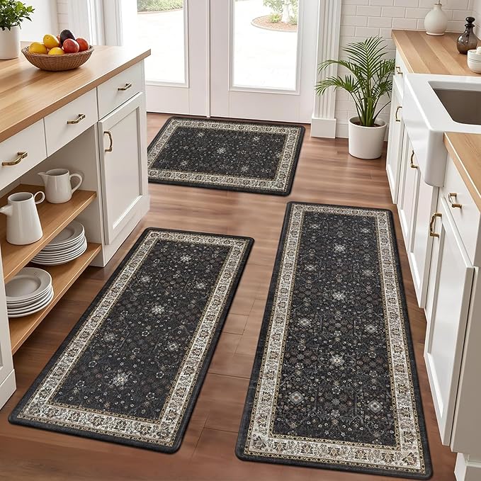 Pauwer Anti Fatigue Kitchen Floor Mats Set of 3, PVC Foam Padded Kitchen Rugs, Non Slip Cushioned Comfort Standing Mat, Waterproof Sink Rug for Small Kitchen Area, Laundry Room, Black