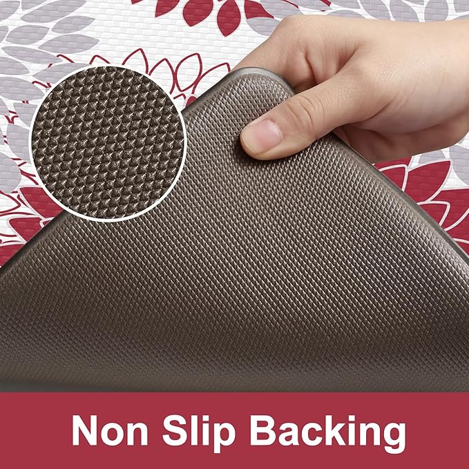 Anti Fatigue Kitchen Mats,17"x59"+17"x29" Non Slip Boho Dahlia Kitchen Rugs Sets of 2,Farmhouse Waterproof Kitchen Mat for Floor,Cushioned Standing Mat for Office,Laundry,Sink,Desk,Red