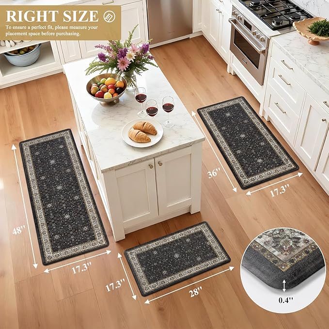 Pauwer Anti Fatigue Kitchen Floor Mats Set of 3, PVC Foam Padded Kitchen Rugs, Non Slip Cushioned Comfort Standing Mat, Waterproof Sink Rug for Small Kitchen Area, Laundry Room, Black