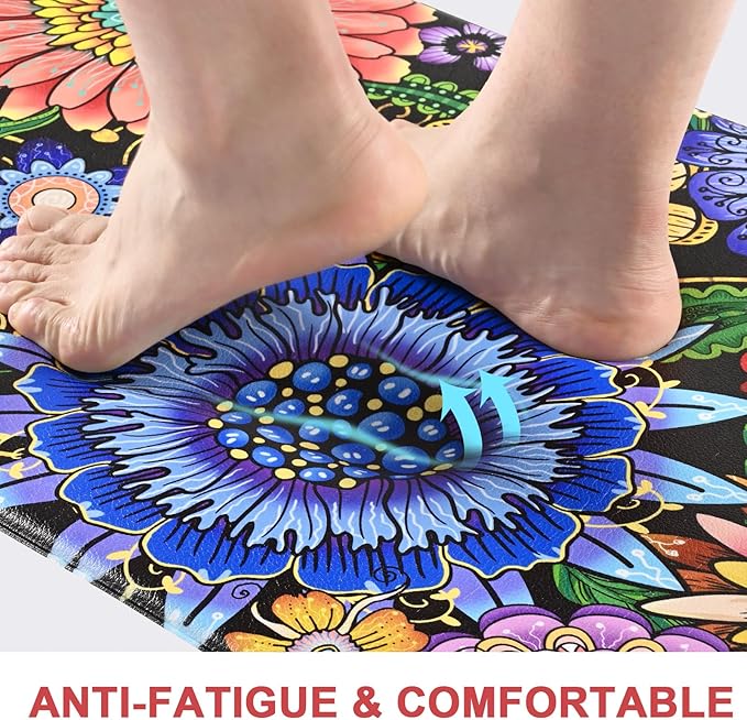 Likiyol Boho Kitchen Rugs Boho Floral Anti Fatigue Kitchen Mat for Floor Bohemian Flowers Non Slip Washable Kitchen Floor Mats, Comfort Standing Mat, 18''x30''+18''x48'', 0.47" Th, Blue