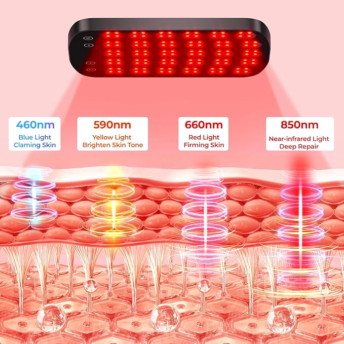 Red Light Therapy Panel, 460/590/660/850nm 4-Color Light Mode, 120 LEDs Facial Infrared Light Therapy Devices with Lighted Makeup Mirror, Timer, Portable Red Light Therapy for Face, Body, Pain Relief