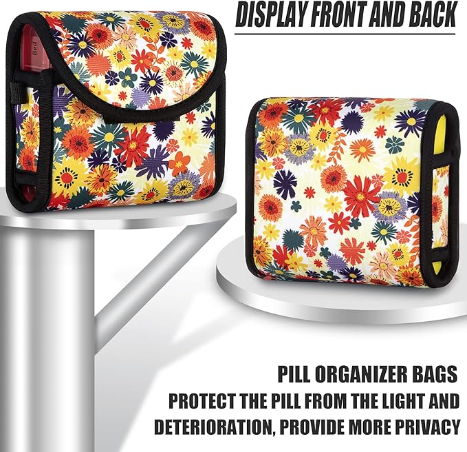 bvya Pill Organizer Case, Weekly Travel Pill Case Medication Reminder Daily AM PM, Day Night 7 Compartments,for 4 Times A Day, 7 Days a Week-Includes Printed Patterns Neoprene Carrying Case