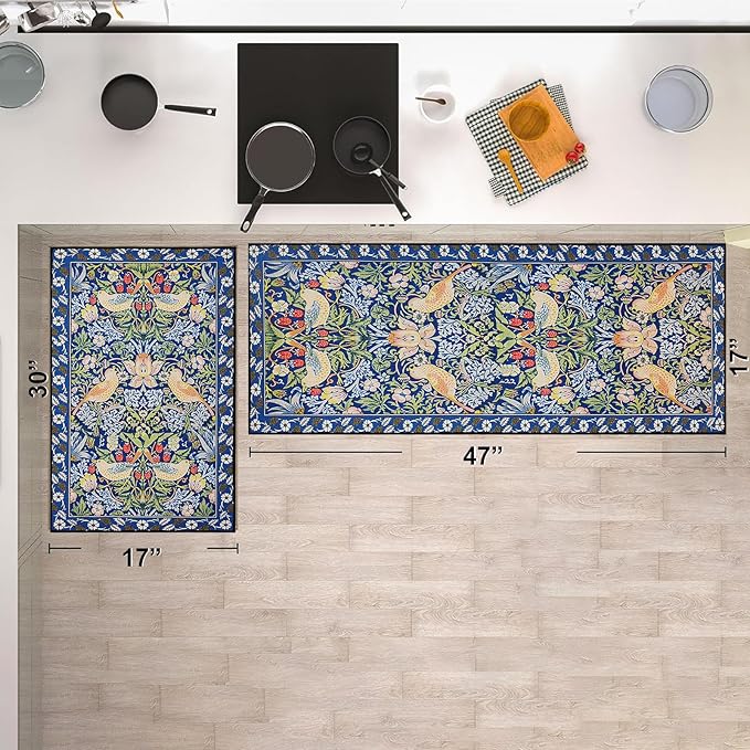 Blue Kitchen Rug Sets of 2, Vintage Floral Kitchen Mats for Floor Non Slip, Washable Cushioned Boho Bird Runner Rug for Kitchen Floor Laundry Desk Sink 17”x30“+17''x47''